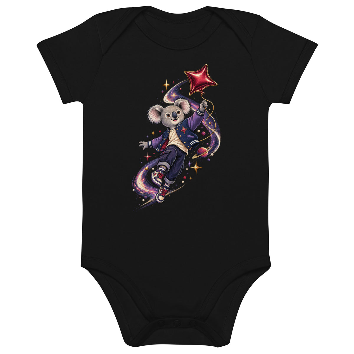 Schwarzer Cosmic Koala Bio-Babybody mit farbenfrohem Koala-Weltraummotiv von MATHIORA
