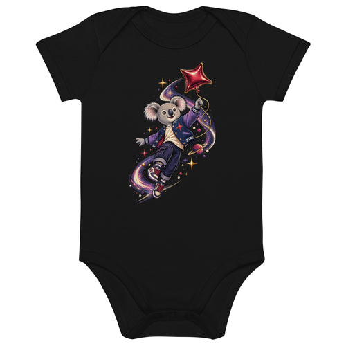 Schwarzer Cosmic Koala Bio-Babybody mit farbenfrohem Koala-Weltraummotiv von MATHIORA
