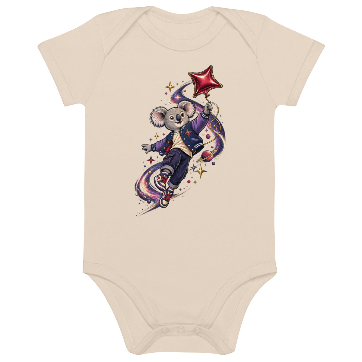 Naturfarbener Cosmic Koala Bio-Babybody mit farbenfrohem Koala-Weltraummotiv von MATHIORA

