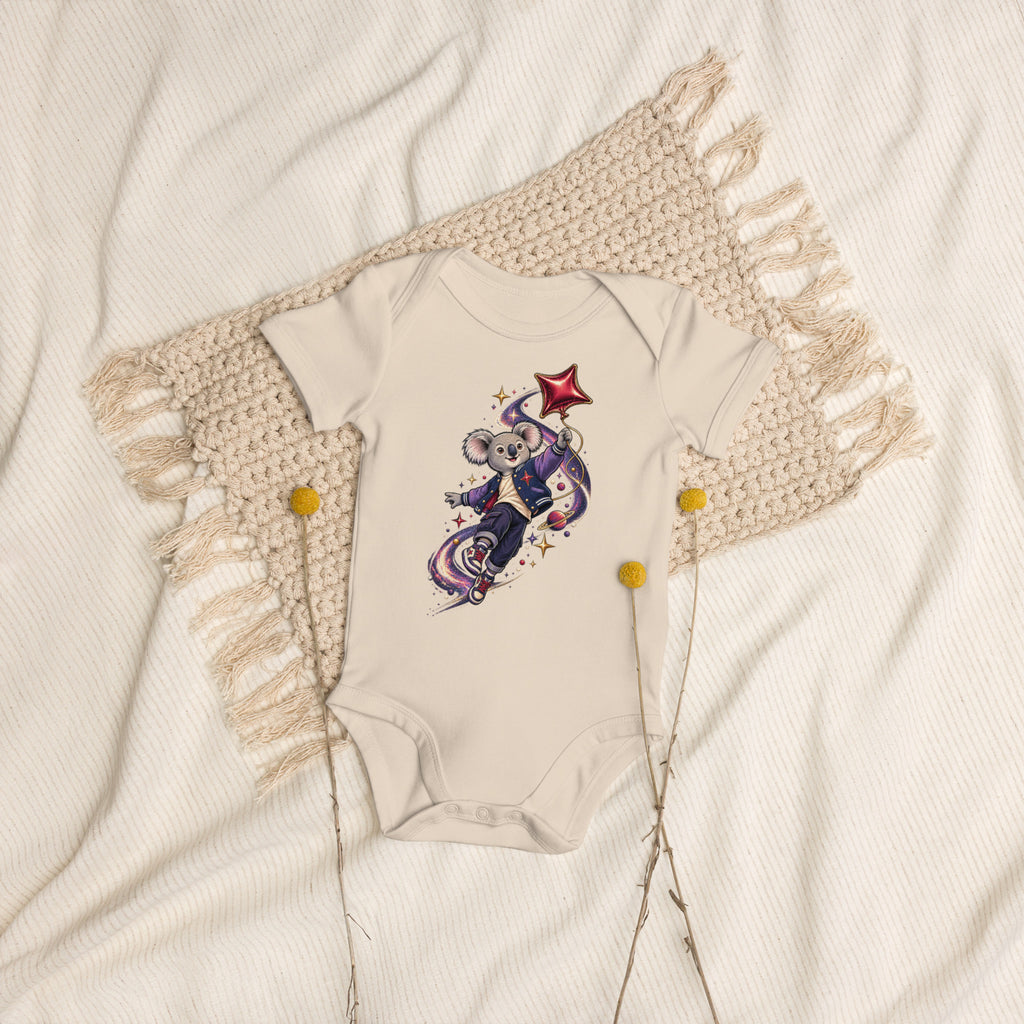 Naturfarbener Cosmic Koala Bio-Babybody mit Weltraummotiv auf einem beigen Stoffhintergrund
