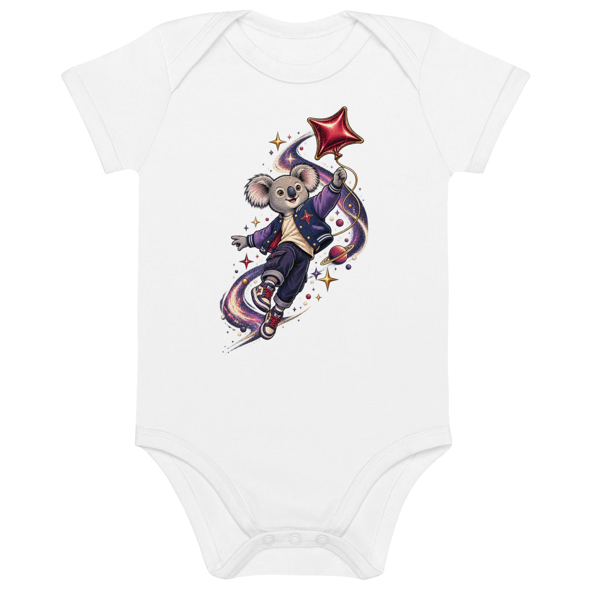 Weißer Cosmic Koala Bio-Babybody mit farbenfrohem Koala-Weltraummotiv von MATHIORA
