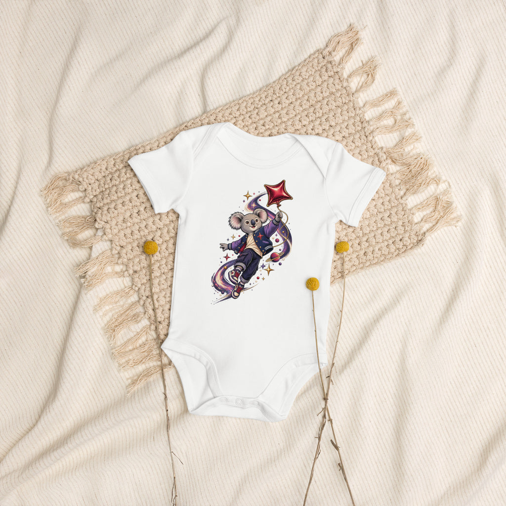 Weißer Cosmic Koala Bio-Babybody mit Weltraummotiv auf einem beigen Stoffhintergrund
