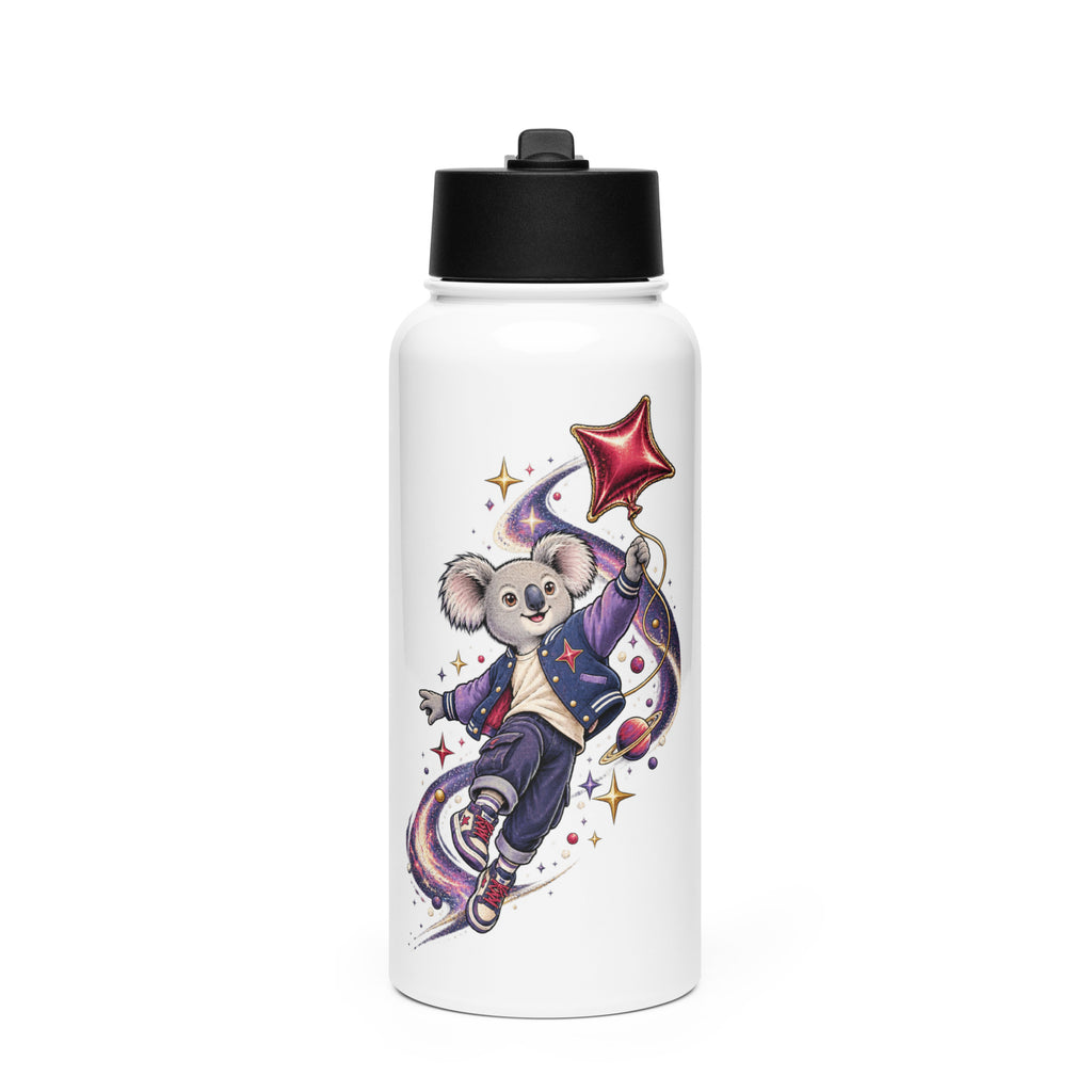 Weiße Cosmic Koala Kinder-Trinkflasche aus Edelstahl mit Strohhalm und farbenfrohem Weltraummotiv von MATHIORA

