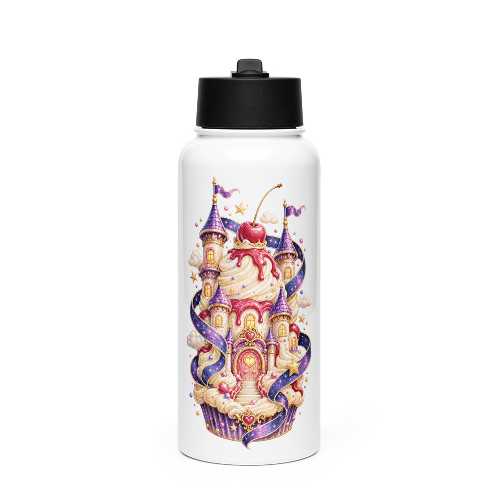 Weiße Cupcake Kingdom Kinder-Trinkflasche aus Edelstahl mit Strohhalm und magischem Cupcake-Palast-Motiv von MATHIORA
