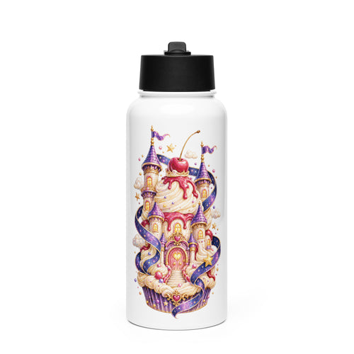 Weiße Cupcake Kingdom Kinder-Trinkflasche aus Edelstahl mit Strohhalm und magischem Cupcake-Palast-Motiv von MATHIORA
