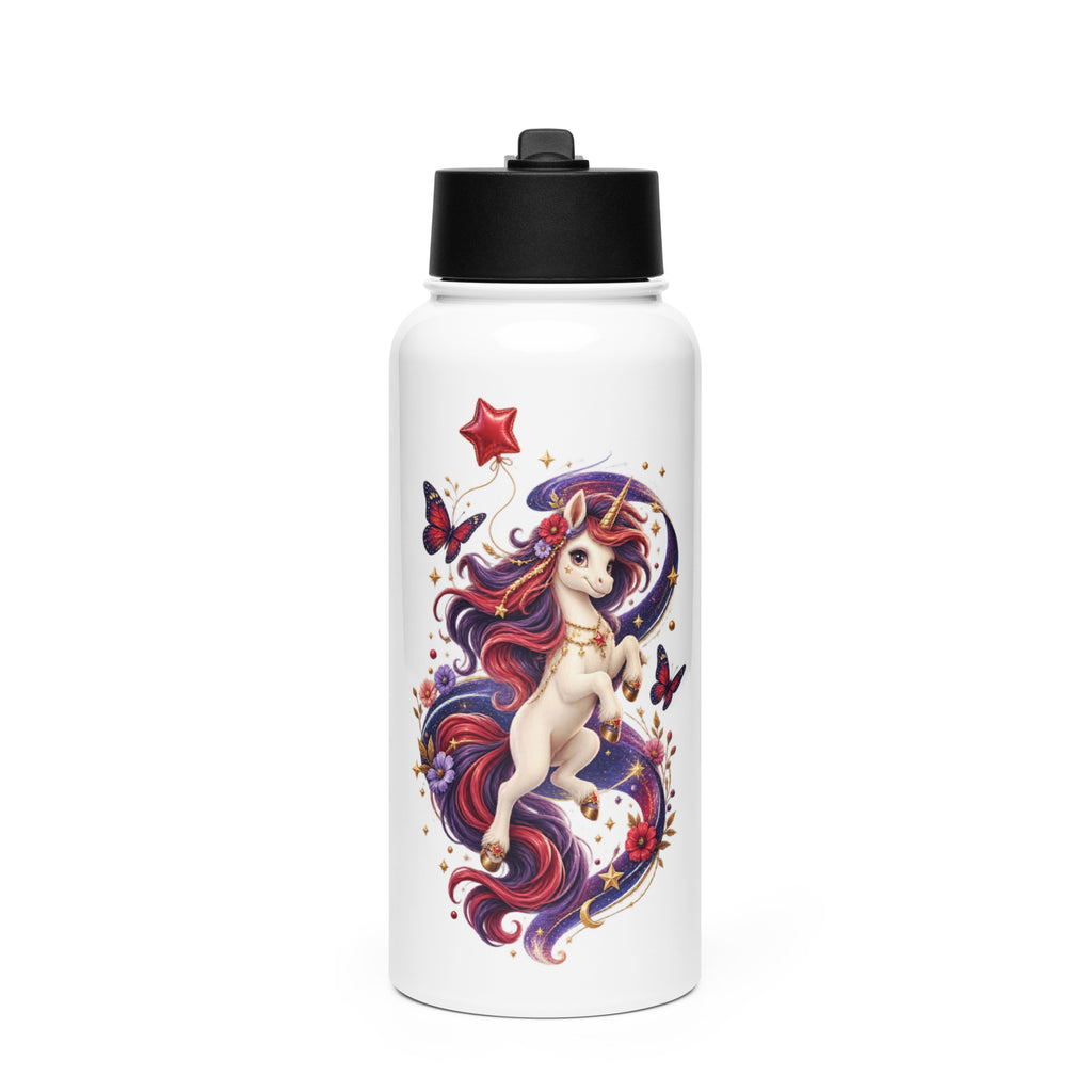 Weiße Wild Magic Unicorn Kinder-Trinkflasche aus Edelstahl mit Strohhalm und magischem Einhorn-Motiv von MATHIORA
