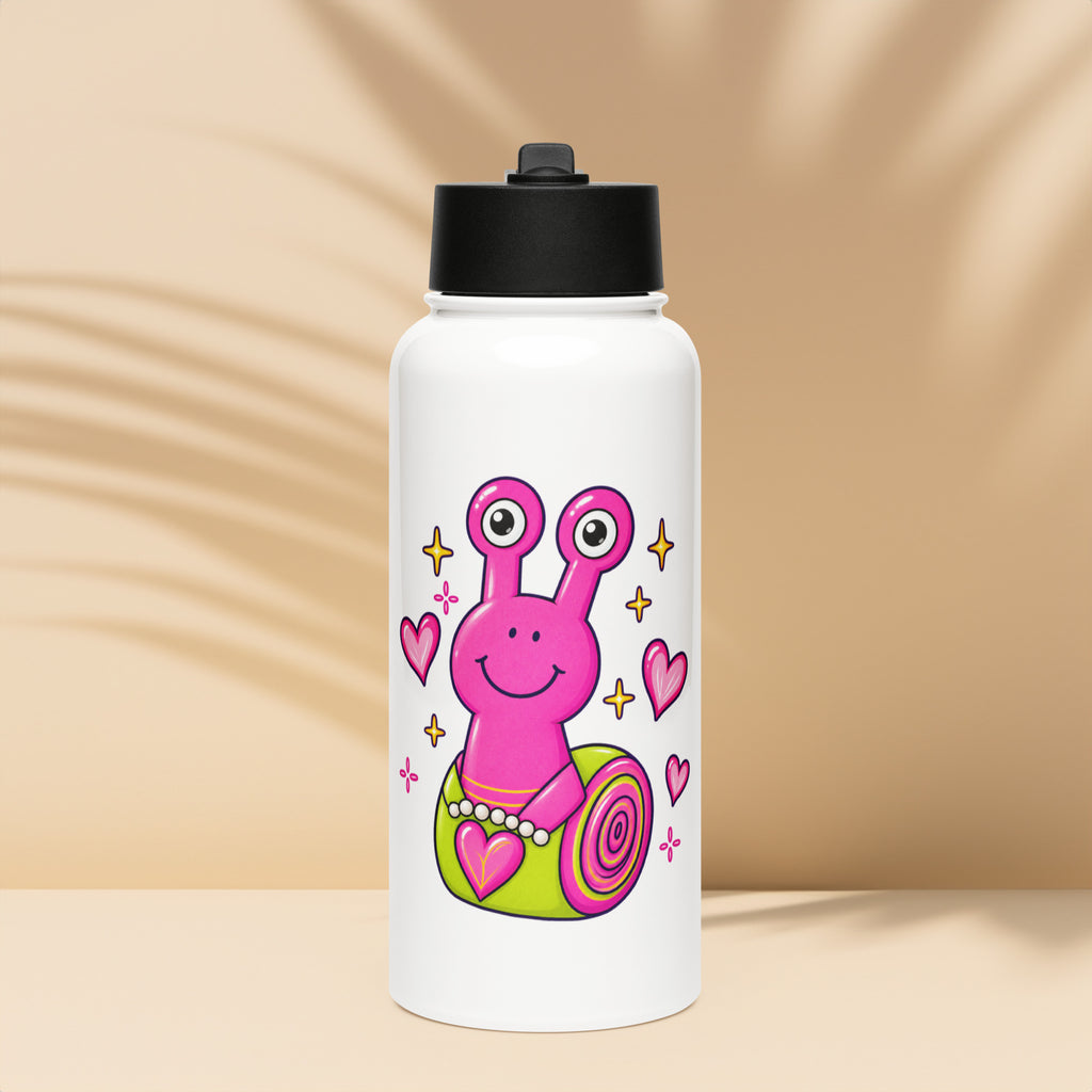 Weiße Lovely Luma Kinder-Trinkflasche aus Edelstahl mit Strohhalm und pink-grünem Schneckenmotiv von MATHIORA
