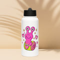 Weiße Lovely Luma Kinder-Trinkflasche aus Edelstahl mit Strohhalm und pink-grünem Schneckenmotiv von MATHIORA
