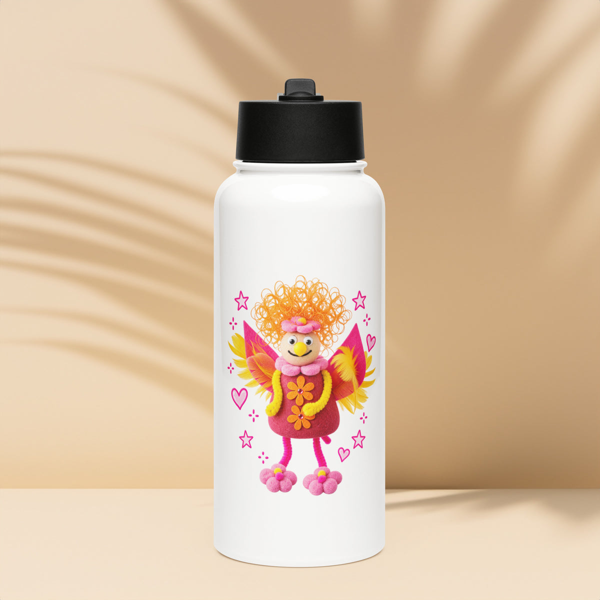 Weiße Fizzy Fairy Kinder-Trinkflasche 950 ml aus Edelstahl mit Strohhalmdeckel und farbenfrohem Feenmotiv von MATHIORA
