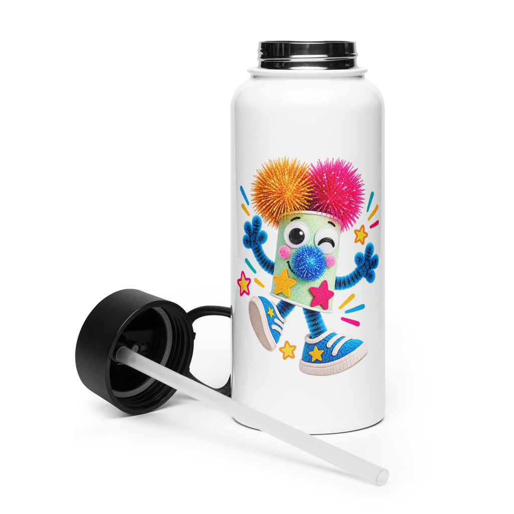 Weiße Sparky Edelstahl-Trinkflasche von MATHIORA mit Strohhalm und buntem LITTLE WORLDS Motiv
