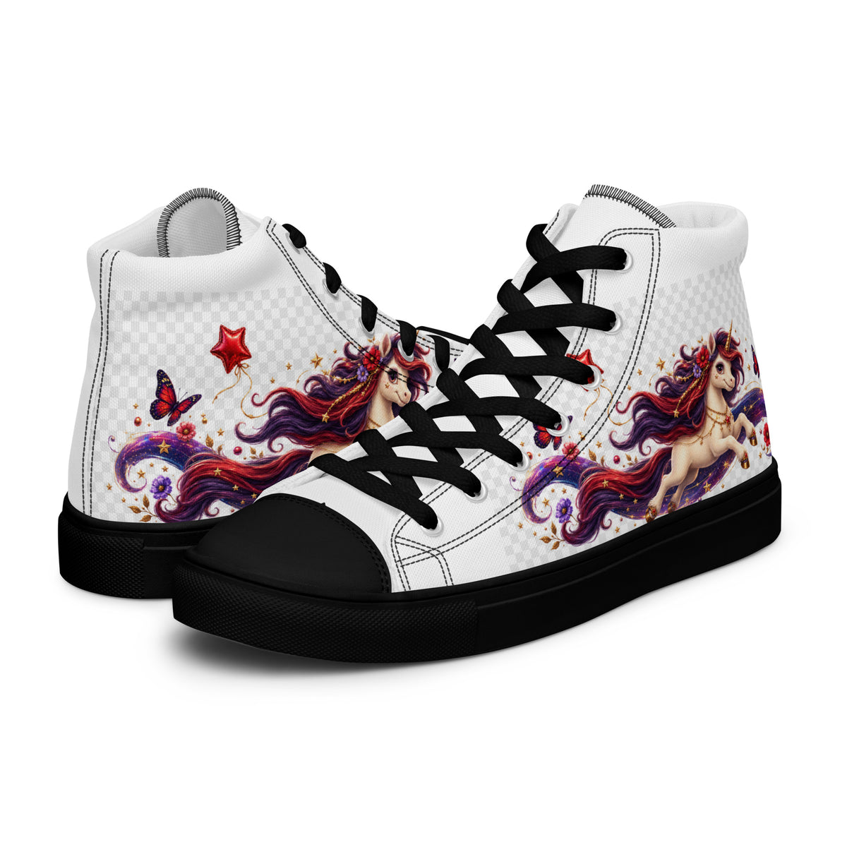 Weiße Wild Magic Unicorn High-Top-Sneaker für Damen mit magischem Einhornmotiv, schwarzen Schnürsenkeln und schwarzer Sohle
