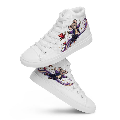 Weiße Cosmic Koala High-Top-Sneaker für Damen mit farbenfrohem Koala-Weltraummotiv von MATHIORA

