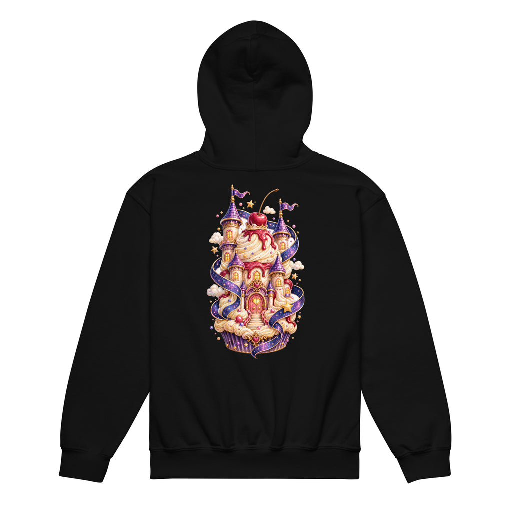 Rückansicht eines schwarzen Cupcake Kingdom Kinder-Hoodies mit farbenfrohem Cupcake-Palastmotiv von MATHIORA
