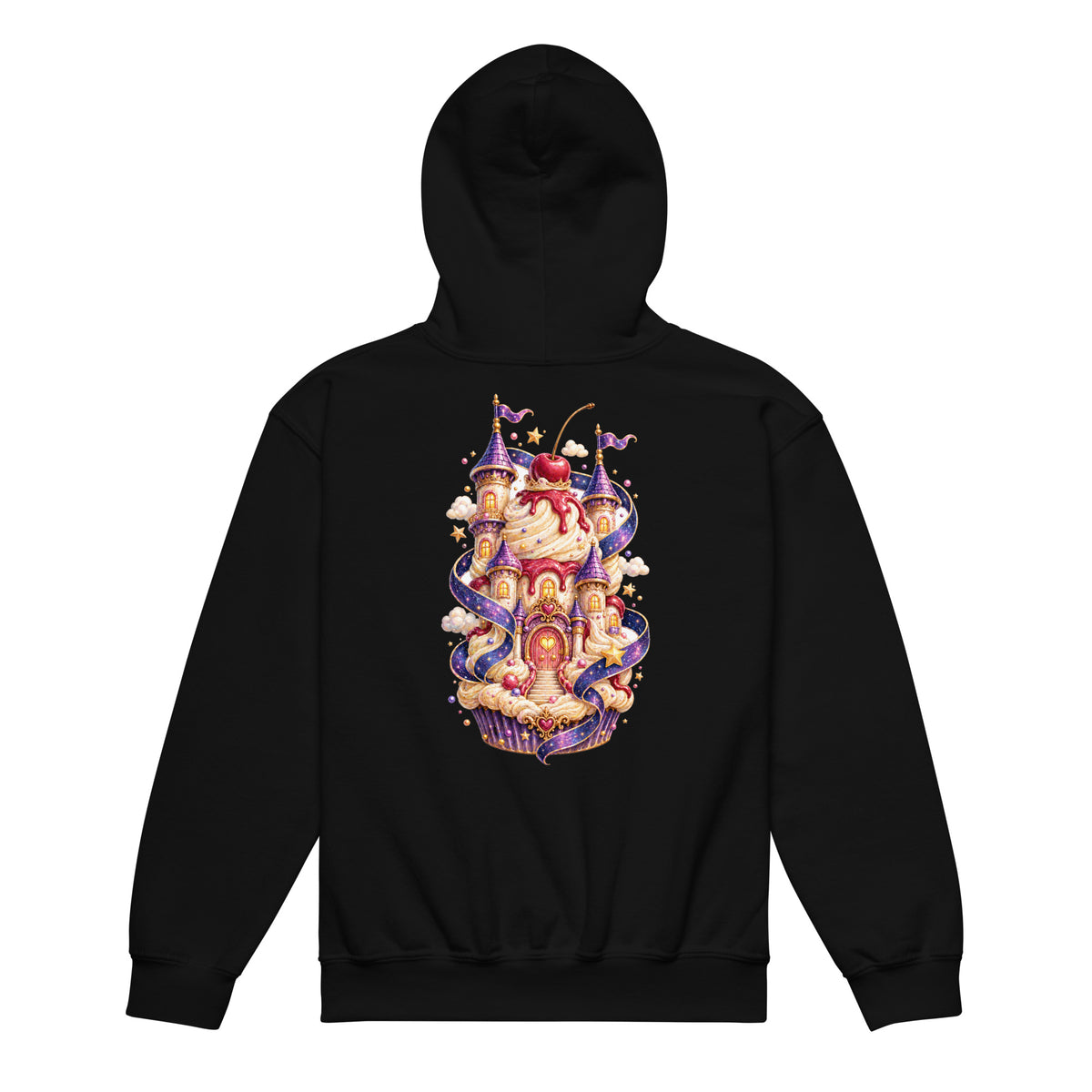 Rückansicht eines schwarzen Cupcake Kingdom Kinder-Hoodies mit farbenfrohem Cupcake-Palastmotiv von MATHIORA
