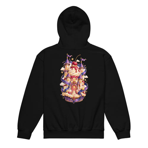 Rückansicht eines schwarzen Cupcake Kingdom Kinder-Hoodies mit farbenfrohem Cupcake-Palastmotiv von MATHIORA
