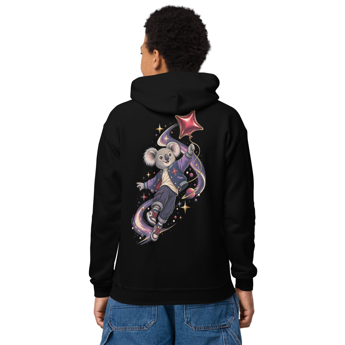 Rückansicht eines schwarzen Cosmic Koala Kinder-Hoodies mit farbenfrohem Koala-Weltraummotiv von MATHIORA
