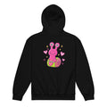Rückansicht eines schwarzen Lovely Luma Kinder-Hoodies mit pink-grünem Schneckenmotiv von MATHIORA
