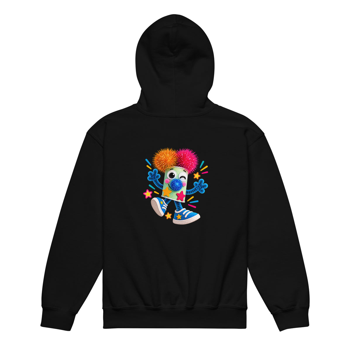 Schwarzer Sparky Kinder-Hoodie von MATHIORA mit buntem LITTLE WORLDS Rückenmotiv
