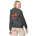 Rückansicht eines dunkelgrau melierten Fizzy Fairy Kinder-Hoodies mit farbenfrohem Feenmotiv von MATHIORA
