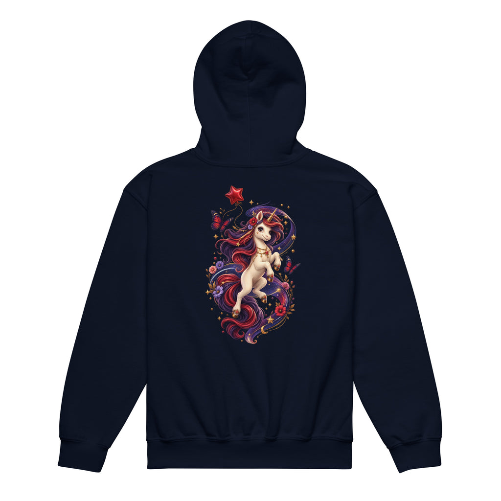 Dunkelblauer Wild Magic Unicorn Kinder-Hoodie mit großem magischen Einhorn-Rückenmotiv von MATHIORA
