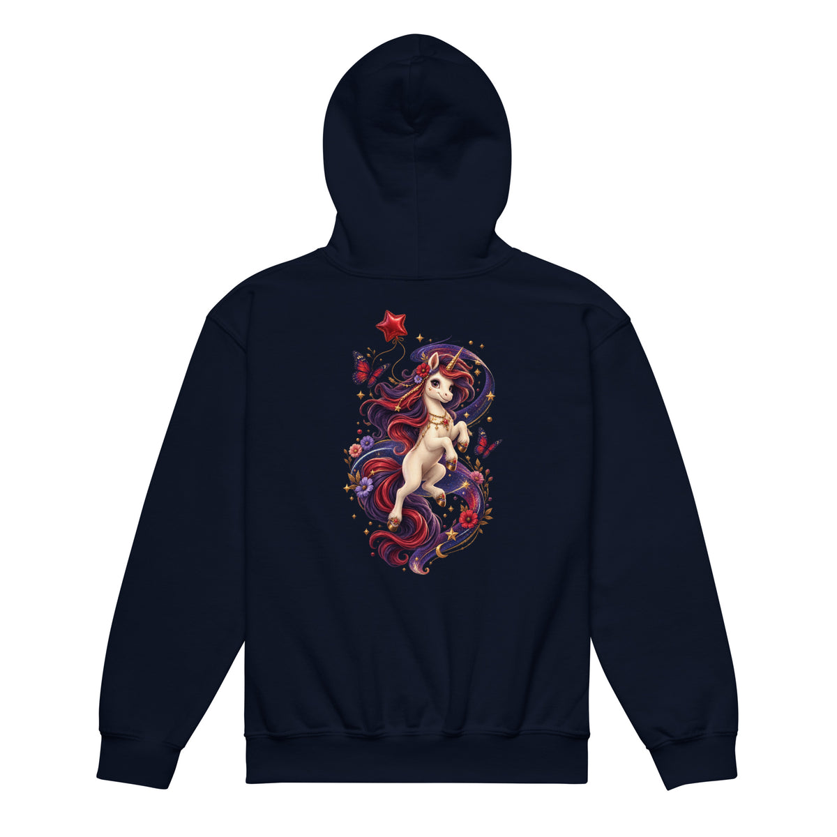 Dunkelblauer Wild Magic Unicorn Kinder-Hoodie mit großem magischen Einhorn-Rückenmotiv von MATHIORA
