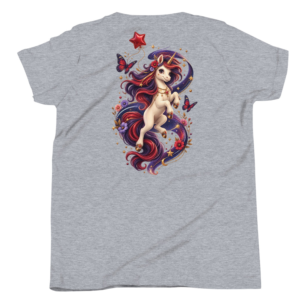 Graues Wild Magic Unicorn Kinder-T-Shirt mit großem magischem Einhorn-Rückenmotiv von MATHIORA
