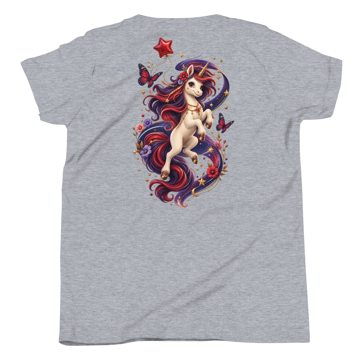 Graues Wild Magic Unicorn Kinder-T-Shirt mit großem magischem Einhorn-Rückenmotiv von MATHIORA
