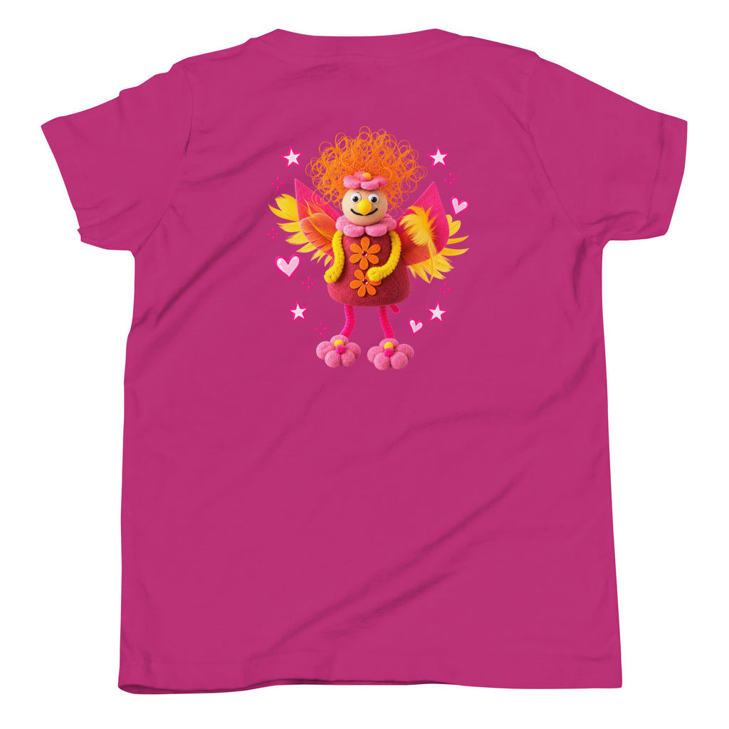 Rückansicht eines beerenroten Fizzy Fairy Kinder-T-Shirts mit farbenfrohem Feenmotiv von MATHIORA
