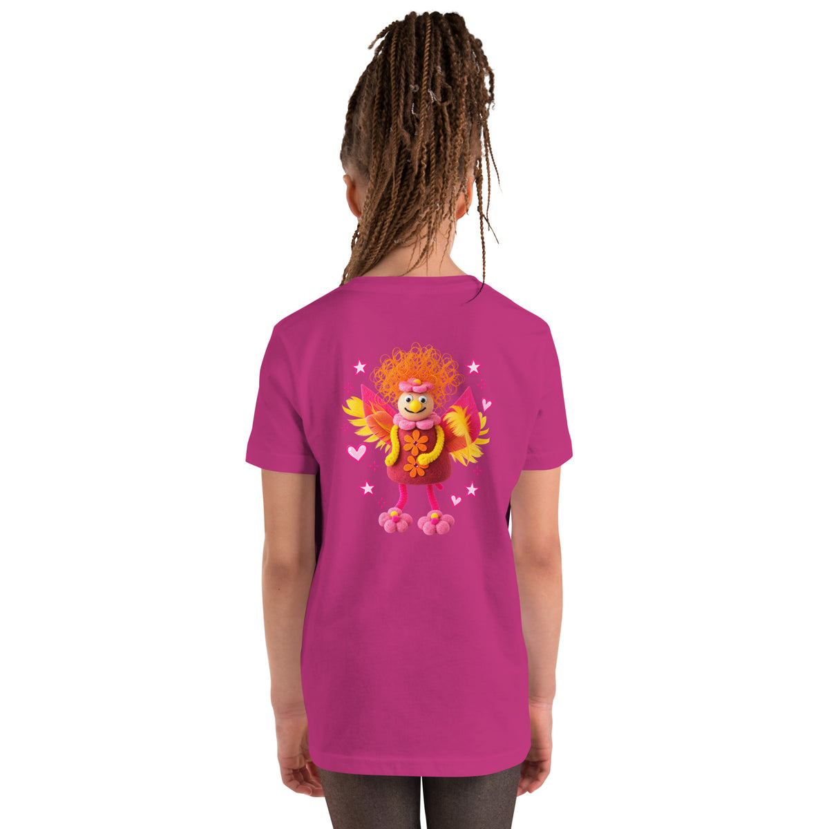 Rückansicht eines beerenroten Fizzy Fairy Kinder-T-Shirts mit farbenfrohem Feenmotiv von MATHIORA

