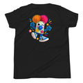 Schwarzes Sparky Kinder-T-Shirt von MATHIORA mit farbenfrohem LITTLE WORLDS Rückenmotiv

