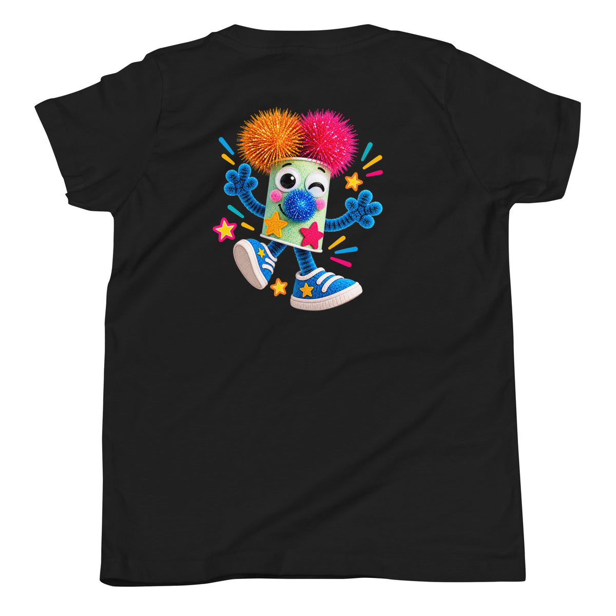 Schwarzes Sparky Kinder-T-Shirt von MATHIORA mit farbenfrohem LITTLE WORLDS Rückenmotiv
