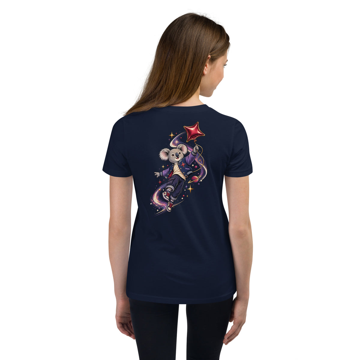 Rückansicht eines navyblauen Cosmic Koala Kinder-T-Shirts mit farbenfrohem Koala-Weltraummotiv von MATHIORA
