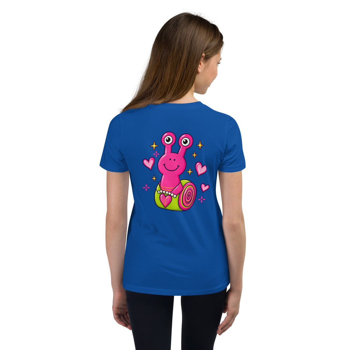 Rückansicht eines blauen Lovely Luma Kinder-T-Shirts mit pink-grünem Schneckenmotiv von MATHIORA
